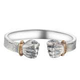 Bracelet boxe double poings finition argent patinée, deux anneaux dorés gravés POWER