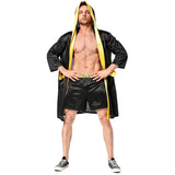 Peignoir de boxe noir et jaune et short CHAMP portés de face