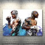 Tableau Mayweather et McGregor peints dos a dos, format paysage, affiche dans un salon