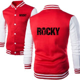 Veste teddy Rocky rouge, manches blanches et marquage ROCKY au dos