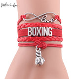 Bracelet boxe multirangs rouge, plaque BOXING et breloque gant de boxe