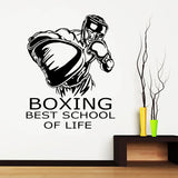 Sticker boxe Best School of Life, boxeur casqué et citation, en vinyle noir