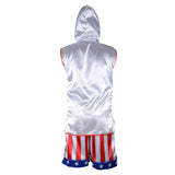 Veste sans manches satin blanc Creed vue de dos, capuche relevée