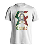 T-shirt Canelo Alvarez blanc, monogramme CA à motifs aztèques vert et rouge