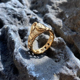 Bague gant de boxe dorée posée sur un rocher, gant vu de profil