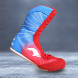 Botte de boxe rouge et bleu, vue de profil, tige montante