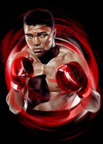 Tableau Mohamed Ali en garde dans un tourbillon rouge sur fond noir, vue rapprochee de la toile
