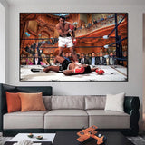 Tableau Ali vs Liston revisité, salle de spectacle dorée, affiché dans un salon
