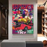 Tableau Floyd Mayweather sur mur de graffitis avec voiture rouge, affiche dans un salon