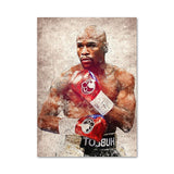 Tableau Floyd Mayweather en garde sur fond de papier vieilli, affiche dans un salon