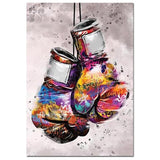 Tableau gants de boxe suspendus peints a l'aquarelle multicolore, toile seule, sans cadre