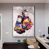 Tableau gants de boxe suspendus peints a l'aquarelle multicolore
