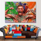 Tableau Conor McGregor bras ecartes, peinture au couteau tres coloree