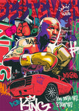 Tableau Floyd Mayweather sur mur de graffitis avec voiture rouge, vue rapprochee de la toile