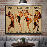 Tableau muay-thai, planche de quatre postures sur papier ancien, vue rapprochee de la toile