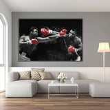 Tableau Tyson vs Ali, deux boxeurs face a face en noir et blanc a gants rouges, vue rapprochee de la toile
