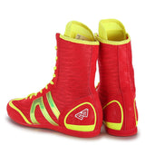 Chaussures de boxe rouge et jaune fluo, vue arrière de la tige