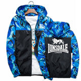 Veste Lonsdale camouflage bleu vue de dos, grand logo LONSDALE LONDON