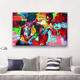 Tableau Rocky Balboa face a Apollo Creed, peinture en couleurs saturees, vue rapprochee de la toile