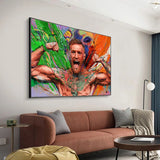 Tableau Conor McGregor bras ecartes, peinture au couteau tres coloree, accroche dans une entree
