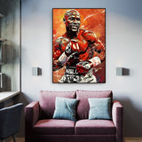 Tableau Floyd Mayweather en garde, fond peint orange et rouge, affiche dans un salon