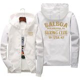 Coupe-vent Rocky Balboa blanc, marquage or au dos