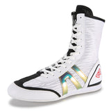 Chaussure de boxe blanche à bandes holographiques, vue de profil