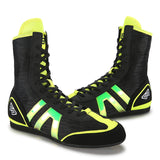 Chaussures de boxe noir et vert fluo, bandes holographiques