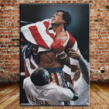 Tableau Rocky Balboa drape dans la banniere etoilee apres le combat de Moscou, vue rapprochee de la toile