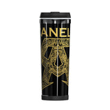 Mug isotherme Canelo noir laqué, lettrage CANELO et monogramme CA dorés dans un médaillon aztèque