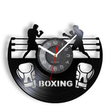 Horloge vinyle boxe éteinte, découpe ring, gants et lettrage BOXING