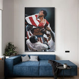 Tableau Rocky Balboa drape dans la banniere etoilee apres le combat de Moscou, affiche dans un salon