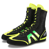 Chaussures de boxe noir et vert fluo, paire vue de face