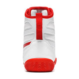 Chaussure de boxe anglaise blanche vue arrière, boucle de tirage rouge