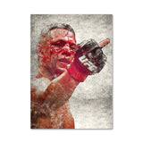 Tableau Nate Diaz au visage marque, gant de MMA a doigts decouverts, affiche dans un salon