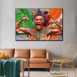 Tableau Conor McGregor bras ecartes, peinture au couteau tres coloree, vue rapprochee de la toile