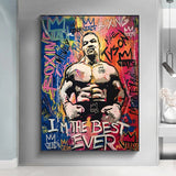 Tableau Mike Tyson sur mur de graffitis avec couronnes et phrase blanche