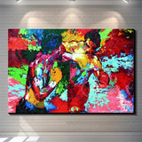 Tableau Rocky Balboa face a Apollo Creed, peinture en couleurs saturees, affiche dans un salon