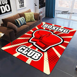 Tapis boxe motif Boxing Club pop art rouge posé dans un salon
