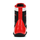 Chaussure de boxe vernie noir et rouge, vue arrière du talon