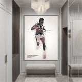 Tableau Mohamed Ali aquarelle, silhouette en mouvement sur fond blanc