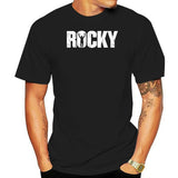 T-shirt de boxe noir au style Rocky Balboa, lettrage ROCKY avec silhouette dans le O