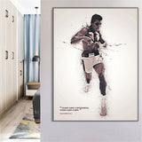 Tableau Mohamed Ali aquarelle, silhouette en mouvement sur fond blanc, affiche dans un salon