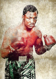 Tableau Joe Frazier en garde sur fond de papier vieilli, affiche dans un salon