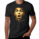 T-shirt boxe noir, visage doré de Mohamed Ali bouche ouverte avec sa signature