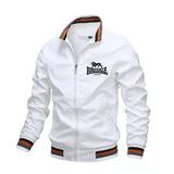Blouson Lonsdale blanc, bords-côtes orange et gris au col et aux poignets
