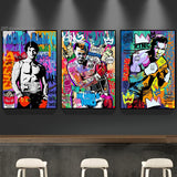 Tableau Mohamed Ali street art, boxeur couronne sur mur de graffitis, vue rapprochee de la toile