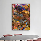 Tableau Israel Adesanya brandissant sa ceinture UFC, peinture doree et violette, accroche dans une entree