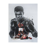 Tableau Mohamed Ali noir et blanc, portrait, gants et scene Ali vs Liston, toile seule, sans cadre
