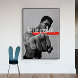 Tableau Mohamed Ali be the greatest, poing nu tendu vers l'objectif, bandeau rouge, toile seule, sans cadre